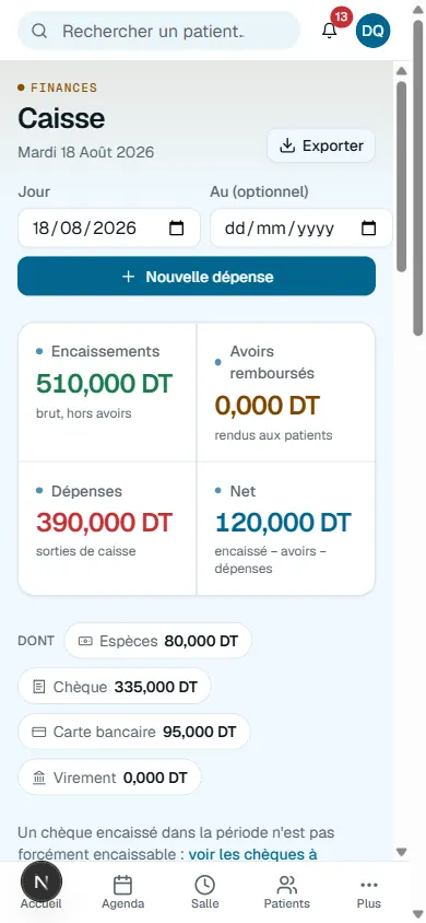 La caisse sur un téléphone&nbsp;: encaissements, avoirs remboursés, dépenses et net du jour, puis le détail par mode de paiement.